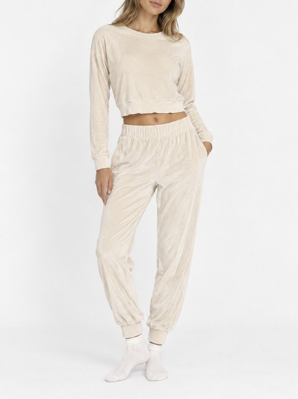 Goldie LeWinter Velour Crush XS Crop Sweatshirt Jogger Pants 2 Piece Set Ivory